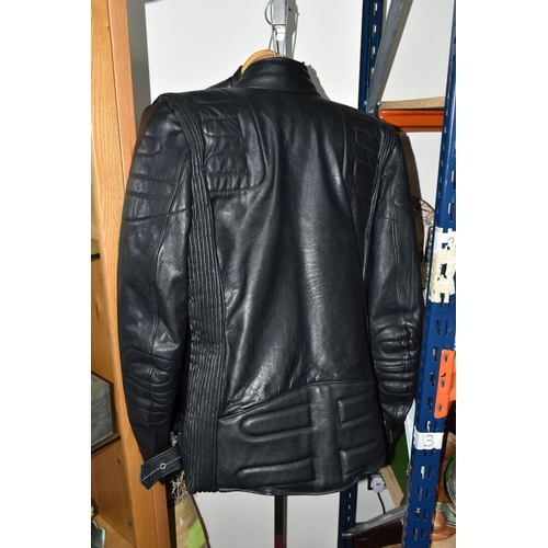 353 - TWO BLACK LEATHER MOTORCYCLE JACKETS, together with three pairs of black leather motorcycle trousers... 