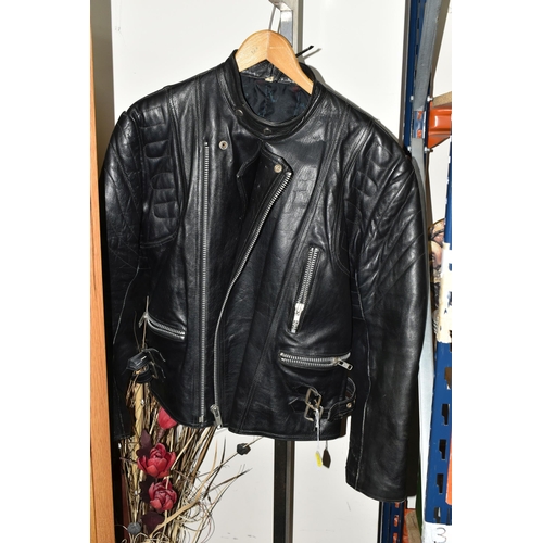 353 - TWO BLACK LEATHER MOTORCYCLE JACKETS, together with three pairs of black leather motorcycle trousers... 