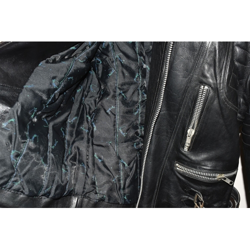 353 - TWO BLACK LEATHER MOTORCYCLE JACKETS, together with three pairs of black leather motorcycle trousers... 