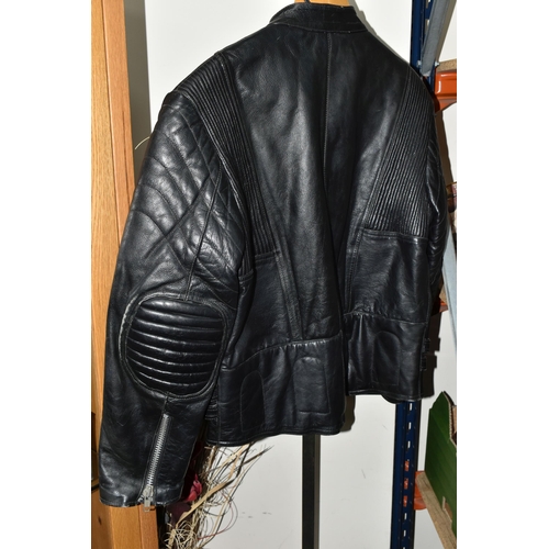 353 - TWO BLACK LEATHER MOTORCYCLE JACKETS, together with three pairs of black leather motorcycle trousers... 