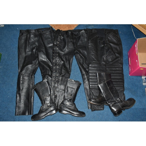 353 - TWO BLACK LEATHER MOTORCYCLE JACKETS, together with three pairs of black leather motorcycle trousers... 