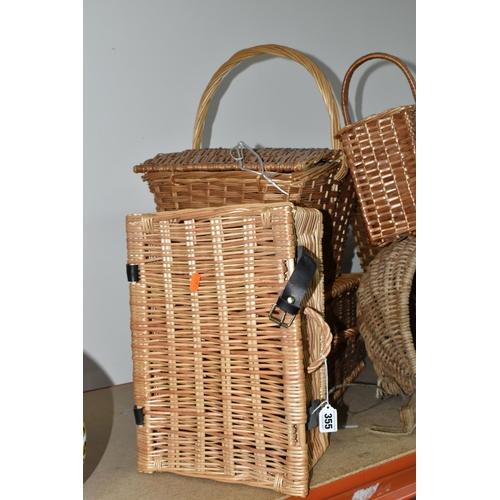 355 - A QUANTITY OF WICKER BASKETS TOGETHER WITH TWO WOODEN BOXES, comprising three picnic hampers, five s... 