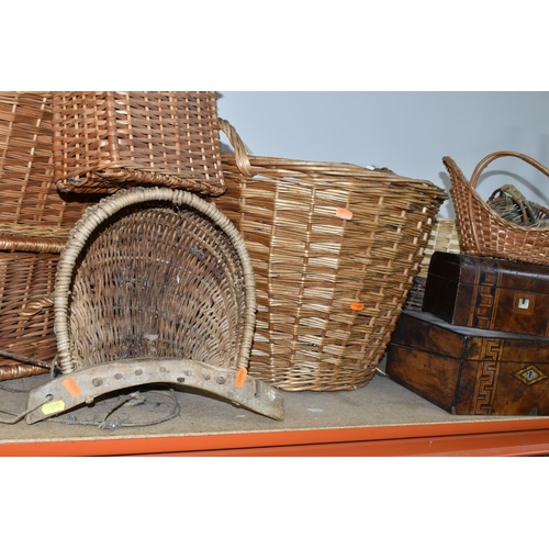 355 - A QUANTITY OF WICKER BASKETS TOGETHER WITH TWO WOODEN BOXES, comprising three picnic hampers, five s... 