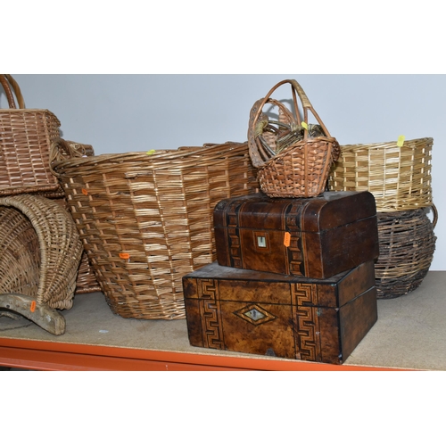 355 - A QUANTITY OF WICKER BASKETS TOGETHER WITH TWO WOODEN BOXES, comprising three picnic hampers, five s... 