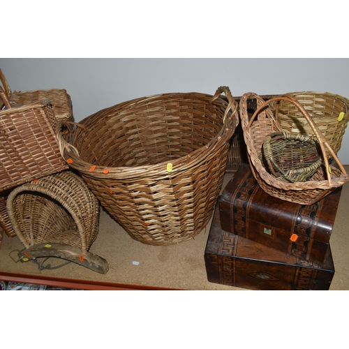 355 - A QUANTITY OF WICKER BASKETS TOGETHER WITH TWO WOODEN BOXES, comprising three picnic hampers, five s... 