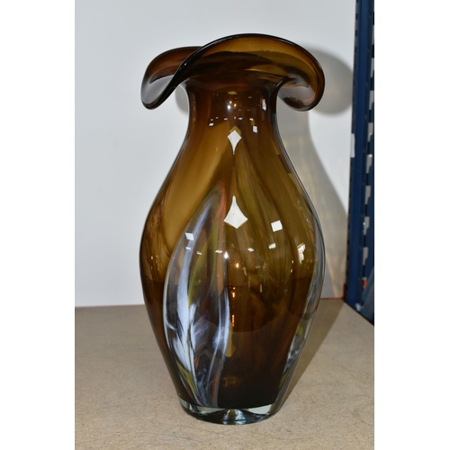 356 - A LARGE BROWN ART GLASS VASE, decorated with green, white and red 'flames', height 37cm (1) (Conditi... 