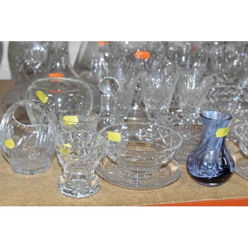 358 - A GROUP OF CUT CRYSTAL, comprising a ship's decanter, a contemporary style decanter (chipped stopper... 