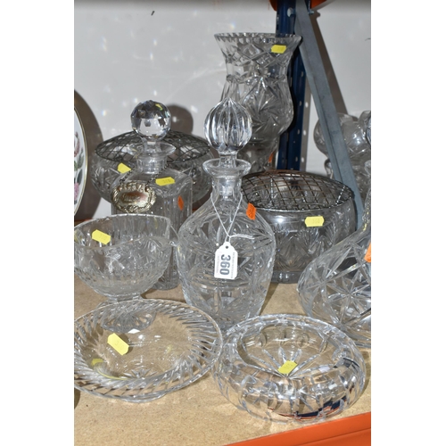 360 - A GROUP OF CUT GLASS, comprising three decanters, two rose bowls, a table lamp, bon-bon dish, ashtra... 