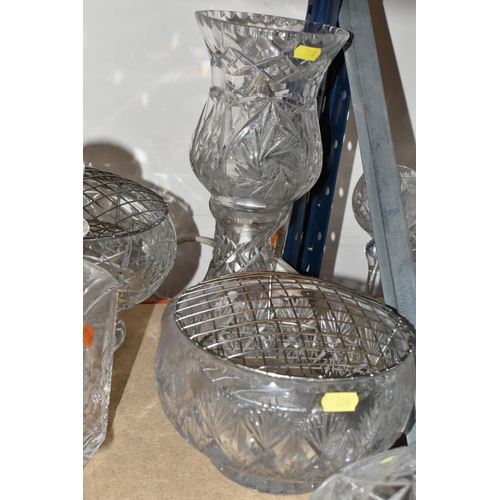 360 - A GROUP OF CUT GLASS, comprising three decanters, two rose bowls, a table lamp, bon-bon dish, ashtra... 