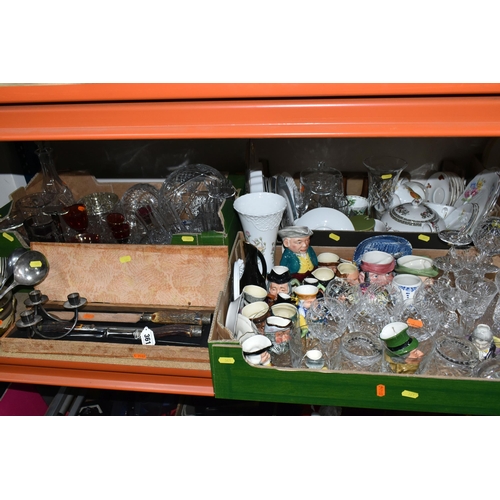 361 - THREE BOXES OF GLASSWARE, CERAMICS AND FLATWARE, to include a collection of  Lancaster Sandland mini... 