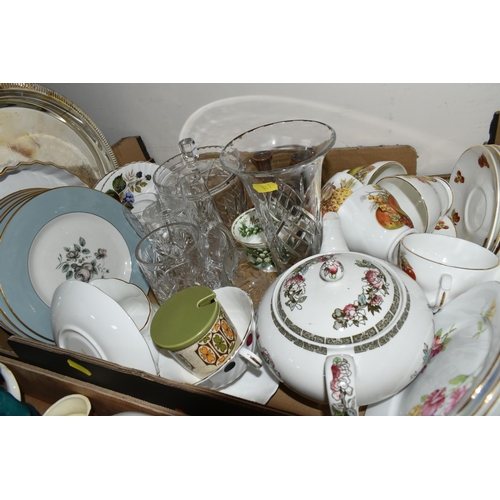 361 - THREE BOXES OF GLASSWARE, CERAMICS AND FLATWARE, to include a collection of  Lancaster Sandland mini... 