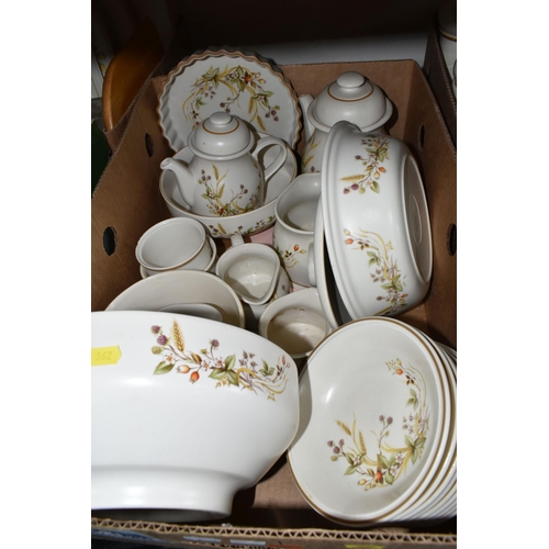 362 - FOUR BOXES OF MARKS & SPENCER HARVEST 1418 PATTERN DINNERWARE, to include dinner plates, cups, sauce... 