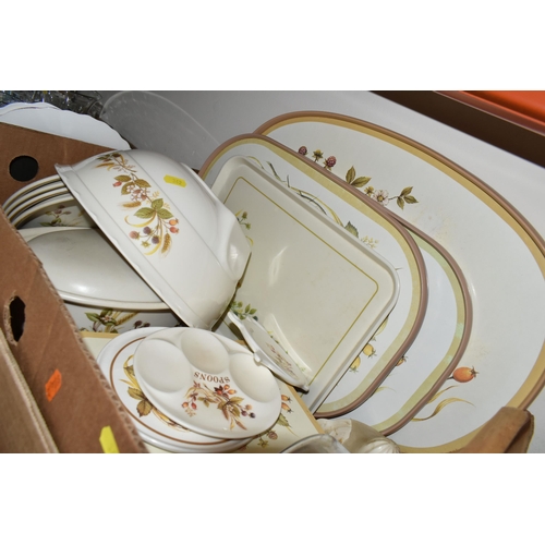 362 - FOUR BOXES OF MARKS & SPENCER HARVEST 1418 PATTERN DINNERWARE, to include dinner plates, cups, sauce... 