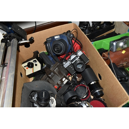 363 - THREE BOXES OF VINTAGE CAMERAS, BINOCULARS AND EQUIPMENT, to include a Minolta XG-M, a Minolta XG-1 ... 