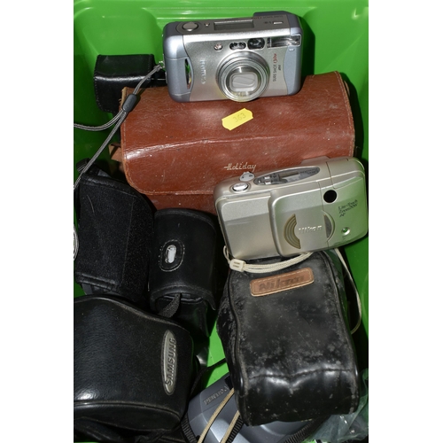 363 - THREE BOXES OF VINTAGE CAMERAS, BINOCULARS AND EQUIPMENT, to include a Minolta XG-M, a Minolta XG-1 ... 