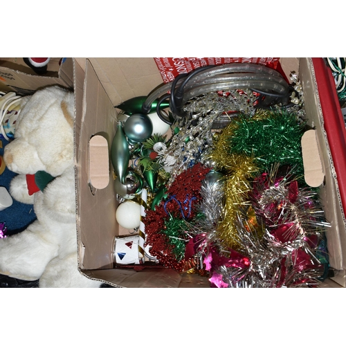 364 - THREE BOXES OF ASSORTED SUNDRIES, to include Christmas decorations and fairy lights, a 1980's black ... 