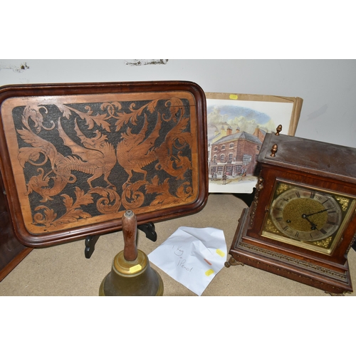 367 - A GERMAN OAK CASED LENZKIRCH MANTEL CLOCK, with key and pendulum, brass face with a silvered chapter... 