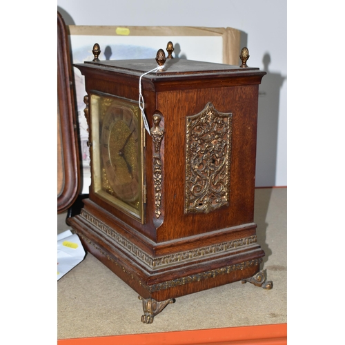 367 - A GERMAN OAK CASED LENZKIRCH MANTEL CLOCK, with key and pendulum, brass face with a silvered chapter... 