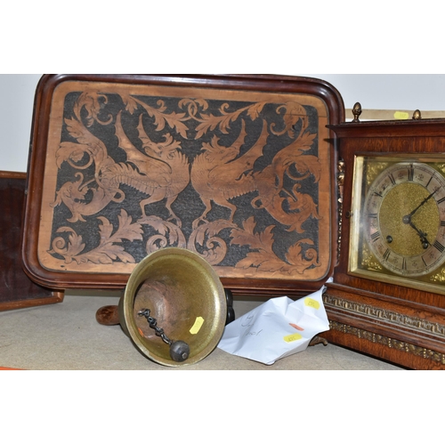 367 - A GERMAN OAK CASED LENZKIRCH MANTEL CLOCK, with key and pendulum, brass face with a silvered chapter... 