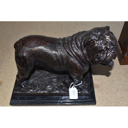 368 - A FRENCH BRONZE BULLDOG, after P. J. Mené, supported on a black and white marble base, width 22cm x ... 