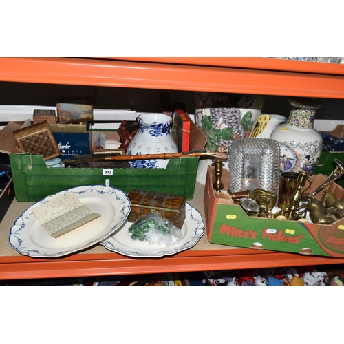 373 - TWO BOXES OF CERAMICS, SUNDRIES AND BRASSWARE, to include a Tunbridge Ware box, a bur walnut music b... 