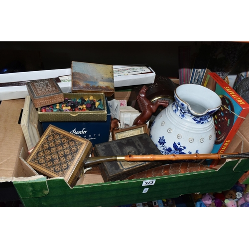 373 - TWO BOXES OF CERAMICS, SUNDRIES AND BRASSWARE, to include a Tunbridge Ware box, a bur walnut music b... 