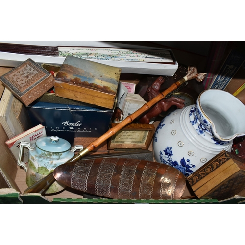 373 - TWO BOXES OF CERAMICS, SUNDRIES AND BRASSWARE, to include a Tunbridge Ware box, a bur walnut music b... 