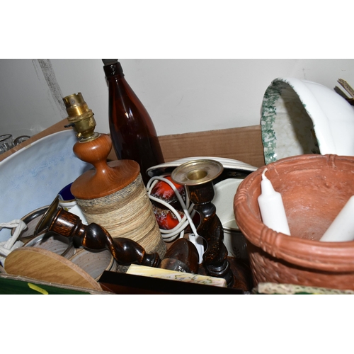 374 - FOUR BOXES OF ASSORTED ORNAMENTS AND GLASSWARE, to include kitchenware, a boxed paper knife, two ser... 