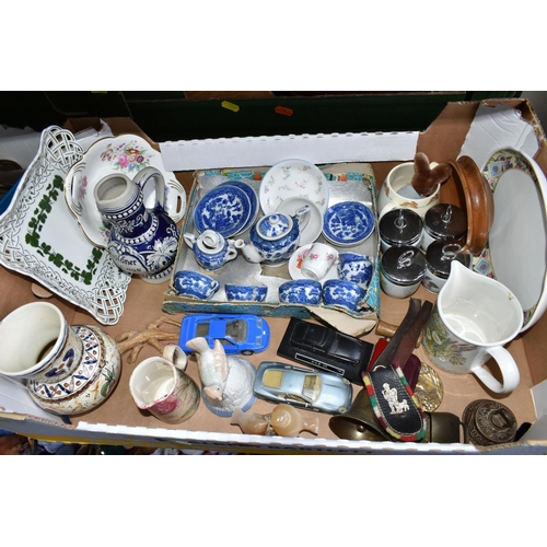 374 - FOUR BOXES OF ASSORTED ORNAMENTS AND GLASSWARE, to include kitchenware, a boxed paper knife, two ser... 