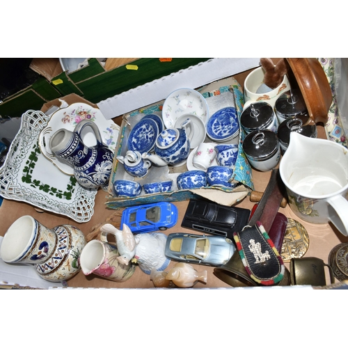 374 - FOUR BOXES OF ASSORTED ORNAMENTS AND GLASSWARE, to include kitchenware, a boxed paper knife, two ser... 