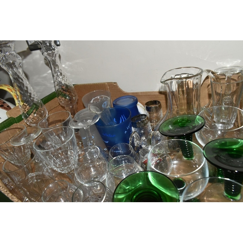 374 - FOUR BOXES OF ASSORTED ORNAMENTS AND GLASSWARE, to include kitchenware, a boxed paper knife, two ser... 