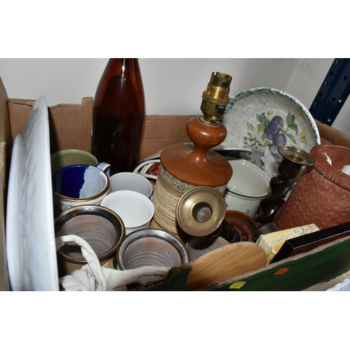 374 - FOUR BOXES OF ASSORTED ORNAMENTS AND GLASSWARE, to include kitchenware, a boxed paper knife, two ser... 