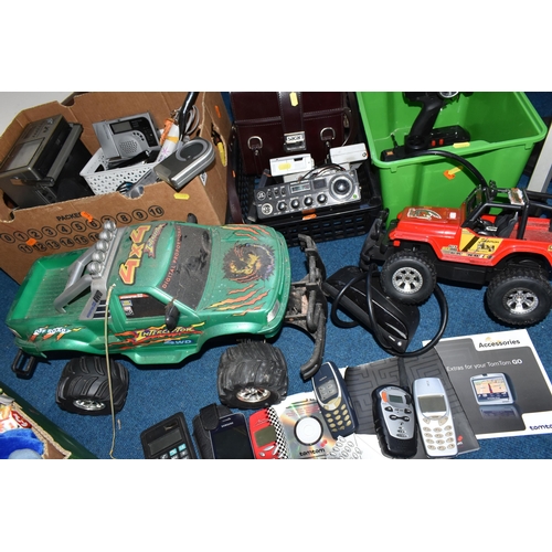 377 - THREE BOXES OF REMOTE CONTROLLED CARS, CAR RADIOS AND CAMERAS, to include an Interceptor Motor Works... 