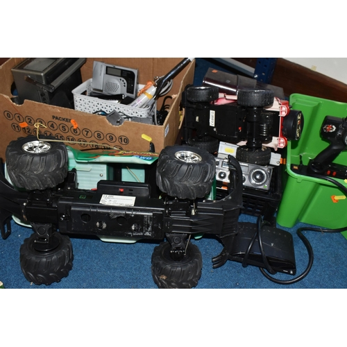 377 - THREE BOXES OF REMOTE CONTROLLED CARS, CAR RADIOS AND CAMERAS, to include an Interceptor Motor Works... 