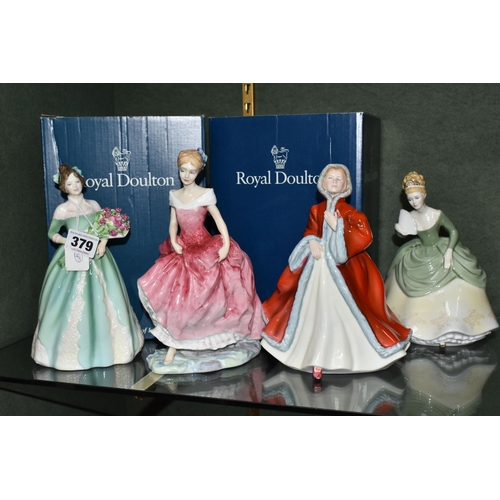 379 - FOUR ROYAL DOULTON FIGURINES, comprising Happy Birthday HN3660 (tiny chip to petal), Summer's Day HN... 