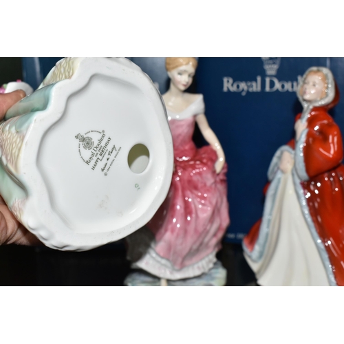 379 - FOUR ROYAL DOULTON FIGURINES, comprising Happy Birthday HN3660 (tiny chip to petal), Summer's Day HN... 