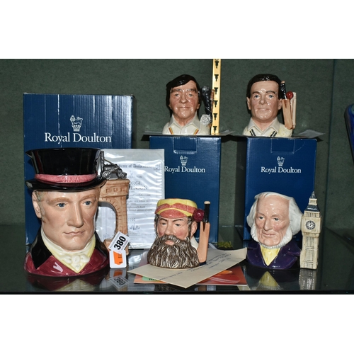 380 - FIVE ROYAL DOULTON CHARACTER JUGS, comprising a boxed George Stephenson D7093, limited edition 209/1... 