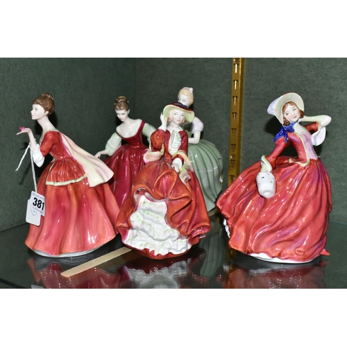 381 - FIVE ROYAL DOULTON FIGURINES, comprising Flower of Love HN3970, Fair Lady (Red) HN2832, Autumn Breez... 