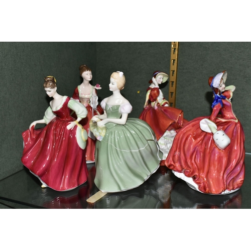 381 - FIVE ROYAL DOULTON FIGURINES, comprising Flower of Love HN3970, Fair Lady (Red) HN2832, Autumn Breez... 