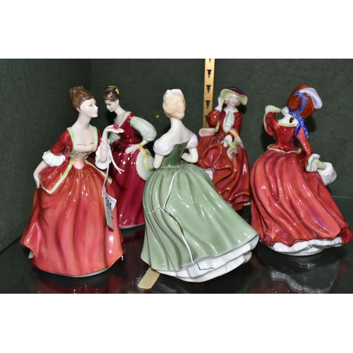 381 - FIVE ROYAL DOULTON FIGURINES, comprising Flower of Love HN3970, Fair Lady (Red) HN2832, Autumn Breez... 