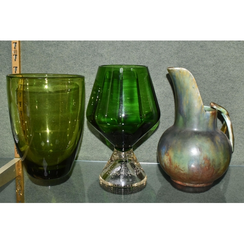 382 - A GROUP OF ART GLASS WARES AND CERAMICS, eight pieces to include a Whitefriars knobbly ruby vase no ... 