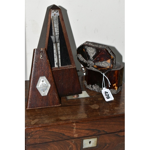 426 - A LATE VICTORIAN SHAPED OCTAGONAL TORTOISESHELL AND SILVER MOUNTED TEA CADDY, A 20TH CENTURY MAELZEL... 