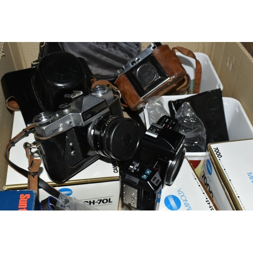 430 - ONE BOX OF CAMERAS AND EQUIPMENT, to include a vintage Zenit -E camera in original black leather cas... 