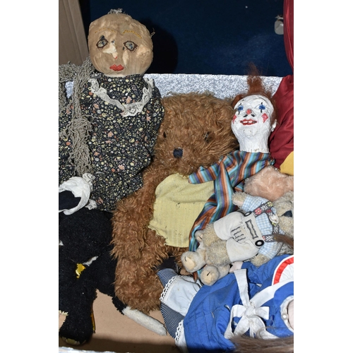 432 - THREE BOXES OF VINTAGE SOFT TOYS AND PORCELAIN DOLL BODY PARTS, to include a quantity of new and unu... 