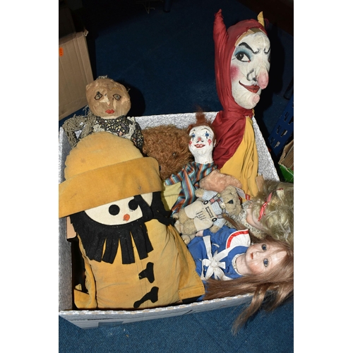 432 - THREE BOXES OF VINTAGE SOFT TOYS AND PORCELAIN DOLL BODY PARTS, to include a quantity of new and unu... 