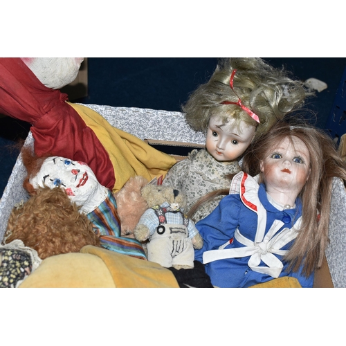 432 - THREE BOXES OF VINTAGE SOFT TOYS AND PORCELAIN DOLL BODY PARTS, to include a quantity of new and unu... 