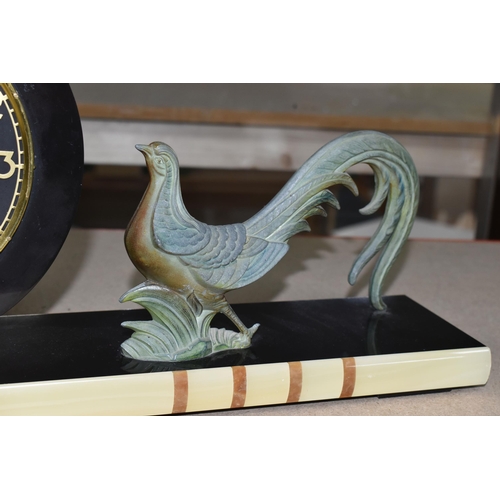 433 - A FRENCH ART DECO MANTEL CLOCK FEATURING A STYLISED PHEASANT, on a marble base (1) (Condition Report... 