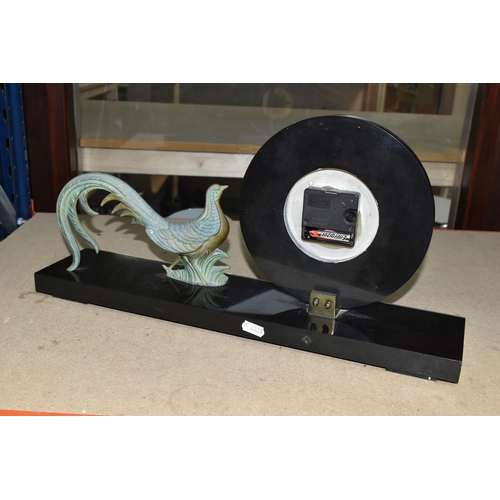 433 - A FRENCH ART DECO MANTEL CLOCK FEATURING A STYLISED PHEASANT, on a marble base (1) (Condition Report... 