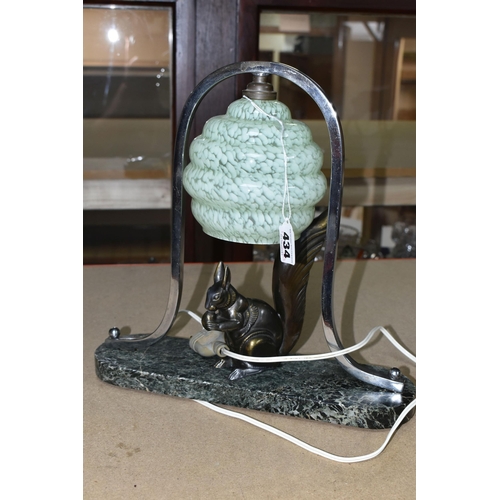 434 - A FRENCH ART DECO SQUIRREL LAMP, with original mottled green glass shade and chrome frame, squirrel ... 