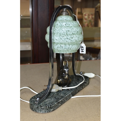 434 - A FRENCH ART DECO SQUIRREL LAMP, with original mottled green glass shade and chrome frame, squirrel ... 